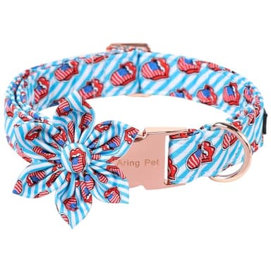 ARING PET 4th of July Dog Collar with Flower, Cute Patriotic Independence Day Tongue Flag Pet Collars with Metal Buckle for Puppy Small Medium Large Boy Girl Dogs-S - Image 1