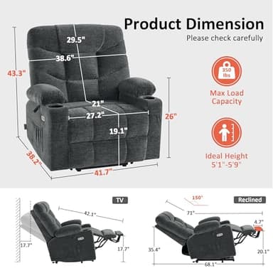 MCombo Oversized Power Lift Recliner Chair with Extended Footrest for Elderly People, Fabric R7289 (Dark Gray, Medium-Oversize) - Image 3