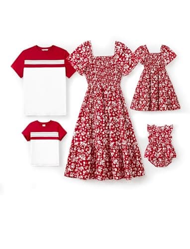 PATPAT Family Matching Outfits - Mommy and Me Dresses Matching Set Casual Boho Dusty Ruffle Sleeve Romper Dress for Newborn Red Floral for Baby Girl 3-6 Month - Image 1