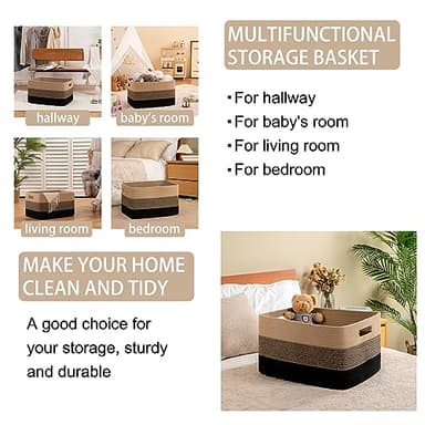 OIAHOMY Large Blanket Basket, 22”x17”x12” Rectangle Woven Baskets, Nursery Blanket Storage Living Room, Toy Storage With Handle, Large Baskets for Organizing-Yellow Black - Image 4