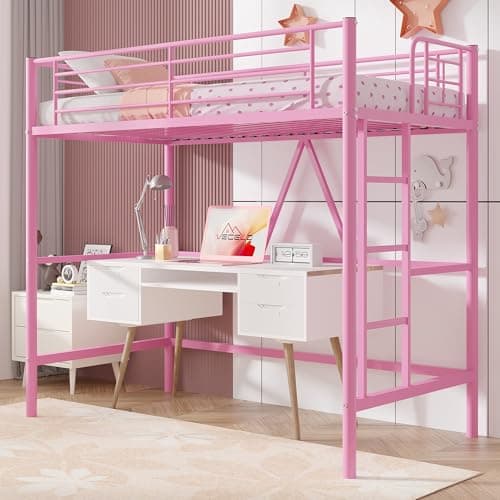 VECELO Loft Bed Twin Size, Metal Bedframe with Removable Ladder and Safety Guardrail, No Box Spring Needed, Space Saving, Noise Free, Pink - Image 1