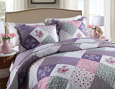 Travan Bedspread Quilt Set 3-Piece Lightweight Coverlet Set with Shams Reversible Quilted Bedding Set for All Season, Purple Floral, Queen Size - Image 2