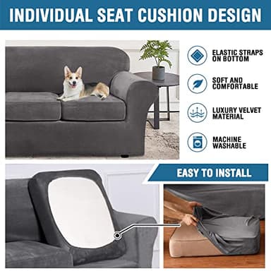 H.VERSAILTEX 4 Pieces Thick Velvet Sofa Covers Couch Covers for 3 Cushion Couch Sofa High Stretch Slipcovers Furniture Protector Form Fit Luxury Couch Cover for Dogs Width Up to 90 Inch(Sofa,Grey) - Image 6