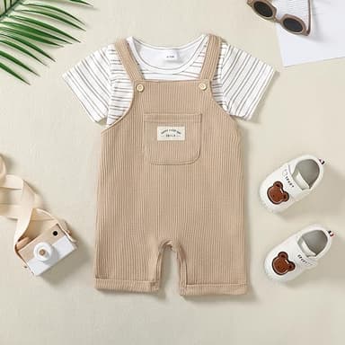 ZOEREA Toddler Baby Boys Clothes Summer Outfit Stripe T-Shirt and Shortall Romper Set Cute Jumpsuit (Khaki,6-12 Month) - Image 4