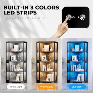 BROTTAR Corner Display Cabinet with Glass Doors, 65" Lighted Curio Cabinet with 3 Color LED Lights for Collectibles, 4-Tier Showcase Display Case with Human Body Sensor for Toys, Books, Black - Image 3