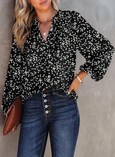 Dokotoo Womens Juniors Summer Tops 2025 Fashion Trendy Casual Dressy Fall Outfits Smocked Long Sleeve T Shirts Alicia Flower Print V Neck Business Work Tunic Bohemian Floral Top Medium Black - Image 2