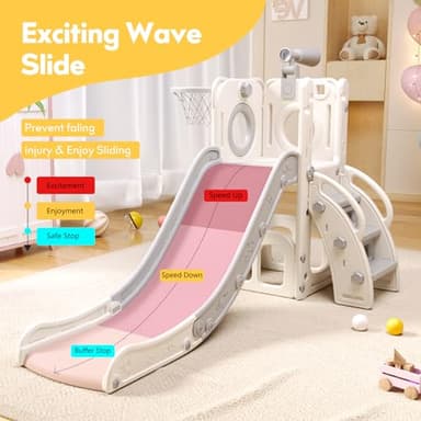 Baotree 6 in 1 Toddler Playset with Slide, Kids Slide with Basketball Hoop, Ball, Ring Toss, Indoor Outdoor Toys (White Grey) - Image 3