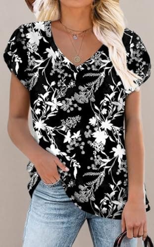 CATHY 2025 Women Tops Summer Comfy Short Sleeve V-Neck Tshirts Stretch Plus Size Blouse Floral B-Windbell XXX-Large - Image 6