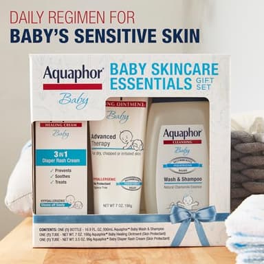 Aquaphor Baby Skin Care Essentials Gift Set with Baby Wash and Shampoo (16.9 Fl Oz) + Healing Ointment for Chapped Skin and Drool Rash (7Oz) + Diaper Rash Cream (3.5Oz), Hypoallergenic - Image 2