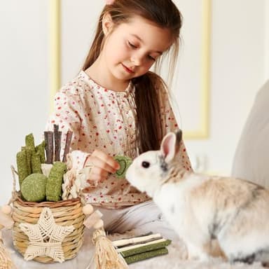 Jorewood Rabbit Chew Toys, Natural Reed Grass Hanging Basket Chews, Woven Bunny Chewing Timothy Cake Wood Treats for Small Pets - Image 4