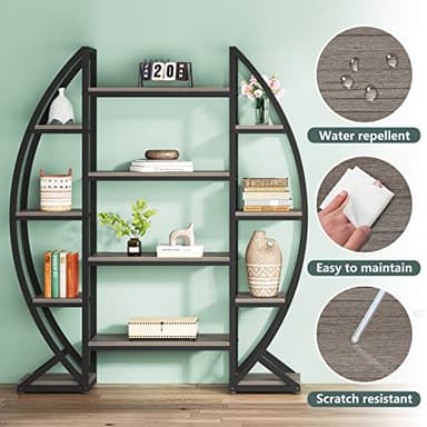 Tribesigns Oval Bookshelf, Triple Wide 5 Tier Etagere Bookcases, Industrial Display Shelves for Living Room (Gray, 55") - Image 6