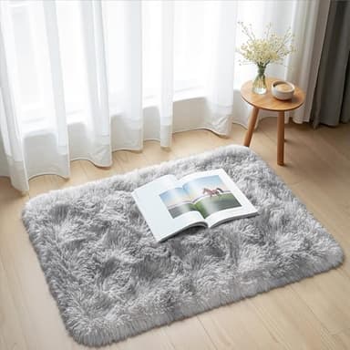 Zentavio Bedside Rugs Small 2x3 Shag Entry Entrance Rugs Soft Bedroom Carpet Area Rugs for Dorm College Essentials Non-Slip Living Room Throw Rug Home Decor Aesthetic Nursery Tie-Dyed Grey White - Image 1
