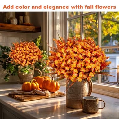 AXYLEX Artificial Fall Flowers Outdoor Fake Mums - 16 Bundles Fake Plants UV Resistant No Fade Faux Plastic Greenery Garden Porch Patio Fall Home Decor (1, OrangeGreen) - Image 4