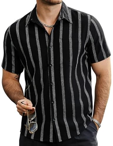 VATPAVE Mens Summer Striped Shirts Button Down Short Sleeve Vintage Beach Hawaiian Shirts with Pocket X-Large Black Vacation - Image 1