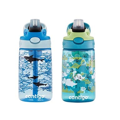 Contigo Aubrey Kids Water Bottle, 2-Pack, 14oz, Dinos & Sharks, Spill-Proof Lid, Dishwasher Safe, Blue & Green - Image 2