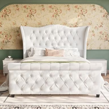 Queen Size Bed Frame-Upholstered Platform Chenille Sleigh Bed-51 inch Scroll Wingback Tall Headboard Footboard-Deep Button Tufted-Easily Assemble-Wood Slats Support-No Box Spring Required-Cream - Image 9