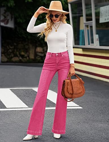 GRAPENT Women's 90s Outfit High Waisted Stretchy Bootcut Bell Bottom Jeans Petite Hot Pink Size 4-6 - Image 5