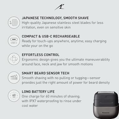 Panasonic Swipe Right Travel Shaver for Men, Portable Electric Razor with USB-C Charging, 3-Blade Cutting System and Beard Sensor Technology, Wet/Dry Use - ES-CM3A-K - Image 2