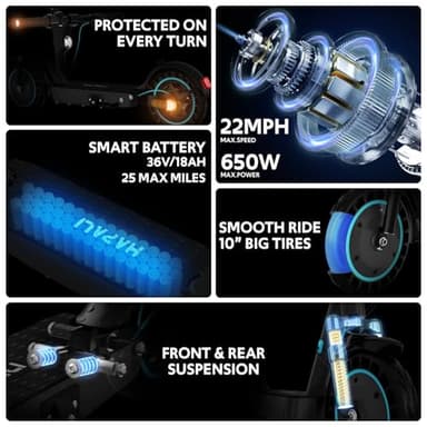 Electric Scooter for Adults, Foldable E-Scooter with Dual Suspension & Front/Rear Turn Signal Lights, 650W Motor, 36V 18AH Battery, Up to 25 Miles Range & 22 MPH, 10" Large Honeycomb Solid Tires - Image 2