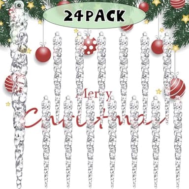 Jishi 24pk Christmas Icicle Ornaments for Christmas Tree Decorations, Hanging Acrylic Crystal Christmas Ornaments 5.1" Clear Plastic Icicles for Christmas Tree, Winter Wonderland Decorations Supplies - Image 3