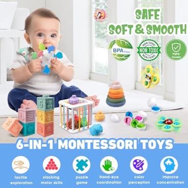 6 in 1 Baby Toys 6 to 12 Months, Montessori Toy for Toddlers 1-3, Infant Teething Babies Toy Stacking Blocks Rings Pull String Toy Sorter Sensory Bin - Image 2