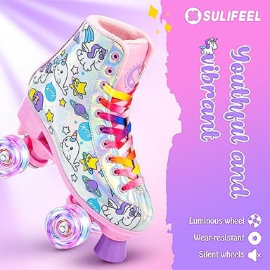 SULIFEEL Rainbow Unicorn Roller Skates for Girls Light up Wheels Womens Quad Skates with High Top Reflective TPU Leather Unicorn - Image 3