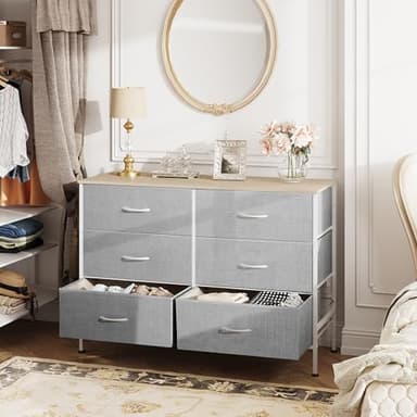 WLIVE 6 Drawer Dresser for Bedroom, Wide Fabric Dresser TV Stand for 50 Inches TV with Metal Frame, Wooden Top, Chest of Drawers, Storage Organizer for Living Room, Hallway, Light Grey - Image 8