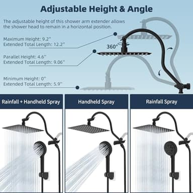 Hibbent All Metal High Pressure Rainfall 10 Inch Shower Head/Handheld Showerhead Combo/ 12 Inch Adjustable Curved Shower Extension Arm, 10-Spray, 71-inch Hose, Adhesive Showerhead Holder, Matte Black - Image 8