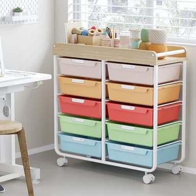 Rolling Storage Cart with Wooden TableTop, Utility Cart with 10 Large Drawers for Craft Organizers, Art Supply Storage, Home Office Organization, Cart with Wheels for Classroom, Living Room, Colorful - Image 9