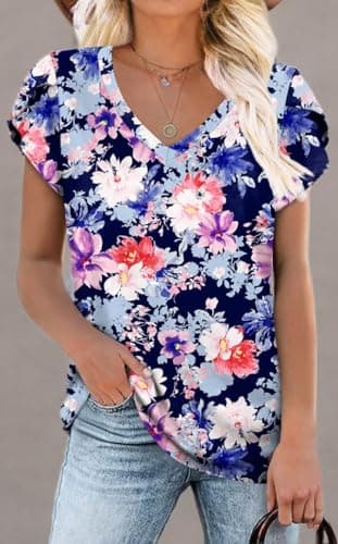 CATHY 2025 Ladies Top Petal Sleeve Plus Size Tunics Casual V-Neck Blouse Soft Beach Shirts for Leggings Mix Light Flower X-Large - Image 6