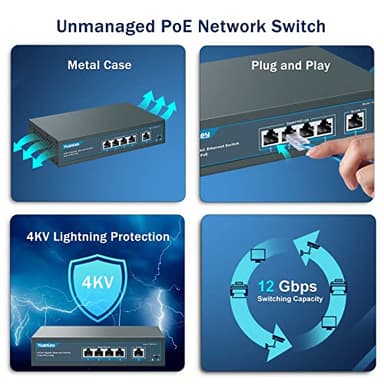YuanLey 5 Port Gigabit PoE Switch with 4 Port PoE+ 1000Mbps, 802.3af/at 78W Built-in Power, Fanless Metal Unmanaged Plug & Play - Image 6