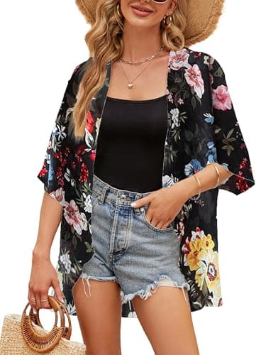 Chunoy Women's Petite Summer Short Sleeve Floral Beachwear Cover Up Blouse Loose Chiffon Kimono Cardigan Black Small - Image 1