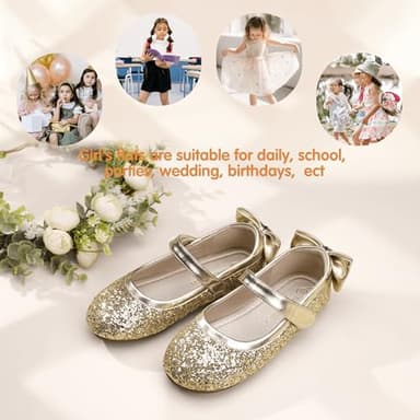 PANDANINJIA Toddler/Little Kid Girl's Angela Dress Mary Jane Ballet Flats Bow Flower Girl Wedding Party Ballerina Flat Shoes (Gold Sequin, 10 M US Toddler) - Image 5