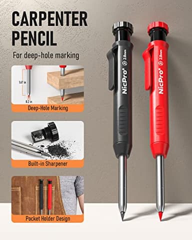 Nicpro 11 Pack Carpenter Pencil Set with Sharpener, Mechanical Carpenter Pencils with 40 Refill, Automatic Center Punch and Carbide Scribe Tool, Heavy Duty Construction Pencil for Architect-With Case - Image 2