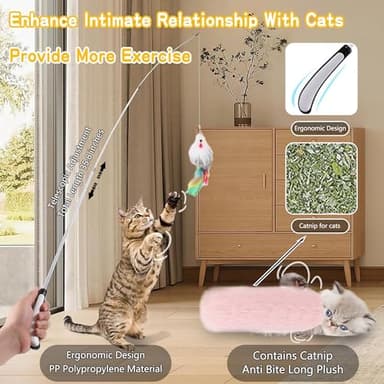 Janbenty 4-in-1 Interactive Cat Feather Toys with Durable Retractable Fishing Pole, Enhanced Suction Cup Toy, Door Hanging Teaser Toy and 11 Attachments Replacements for Bored Indoor Adult Cats - Image 3