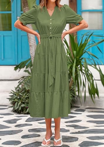 PRETTYGARDEN Summer Dresses for Women 2025 Elegant Classy Short Sleeve V Neck Ruffle A Line Belted Long Beach Vacation Dress (Cyan,Medium) - Image 7