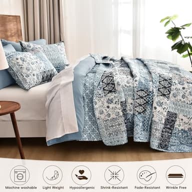 PHF Floral Patchwork Quilt Set Queen Size, 3 Pieces Reversible Lightweight Quilted Bespread for All Season, Ultra Soft Boho Coverlet Bedding Set 90" x 96"with 2 Pillow Shams, Blue - Image 3