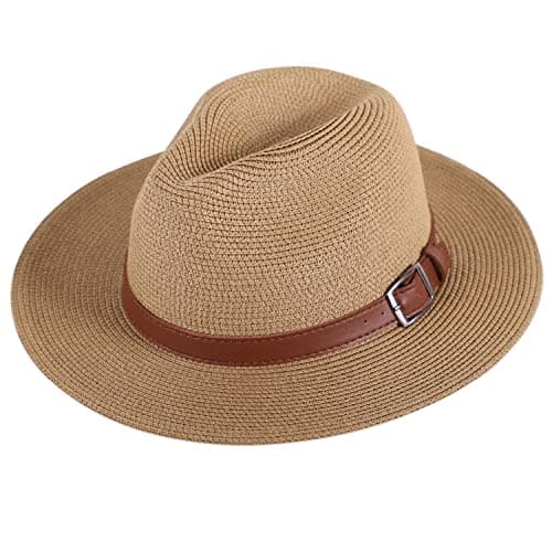 Wide Brim Straw Panama Hat - Stylish Lightweight, Breathable Men's & Women's Fedoras Provide Excellent UV Protection - Perfect Beach, Pool, Festival, Vacation, & Resort Wear - Buckles Belt Light Brown - Image 1