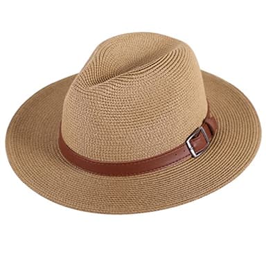 Wide Brim Straw Panama Hat - Stylish Lightweight, Breathable Men's & Women's Fedoras Provide Excellent UV Protection - Perfect Beach, Pool, Festival, Vacation, & Resort Wear - Buckles Belt Light Brown - Image 1