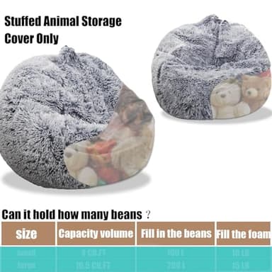 Fluffy Stuffed Animal Storage Bean Bag Chair Cover (No Filler), Faux Fur Comfy Bean Bag Cover for Organizing Plush Toys or Textile, for Adults Teens Kids Girls, Gray - Image 4