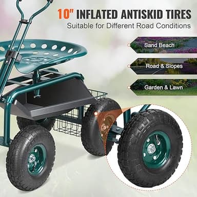 VEVOR Garden Cart Rolling Workseat with Wheels, Gardening Stool for Planting, 360 Degree Swivel Seat, Wagon Scooter with Steering Handle & Utility Tool Tray, Use for Patio, Yard, and Outdoors, Green - Image 4