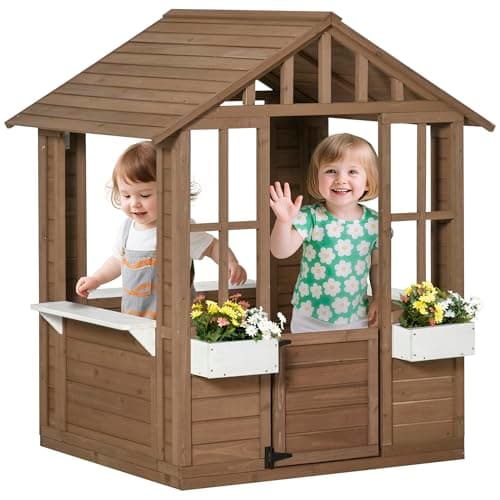 Outsunny Kids Wooden Playhouse, Outdoor Garden Games Cottage, with Working Door, Windows, Flowers Pot Holder, 47" x 38" x 54" - Image 1