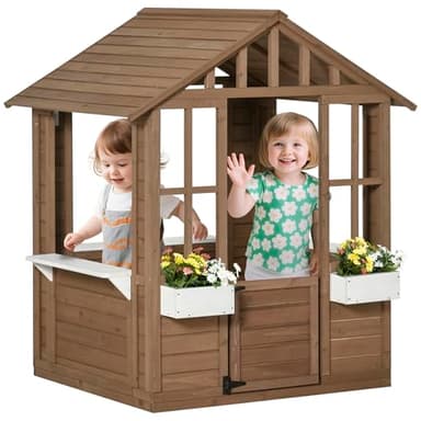 Outsunny Kids Wooden Playhouse, Outdoor Garden Games Cottage, with Working Door, Windows, Flowers Pot Holder, 47" x 38" x 54" - Image 1