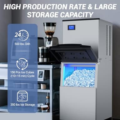 Ice Maker Commercial Ice Machine Large Capacity Stainless Steel 500 Lbs/24H Industrial Ice Machine, 350 Lbs Storage Commercial Ice Machines Free Standing, Cubes Ice Makers Commercial - Image 2