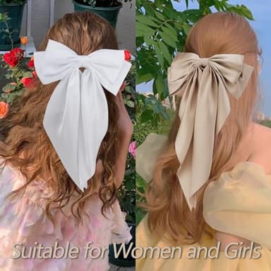 Velscrun 3Pcs Women's Hair Accessories Gifts: White, Black, and Khaki Oversized Satin Hair Bows with Long Tails, Barrettes, and Clips for Girls - Image 6