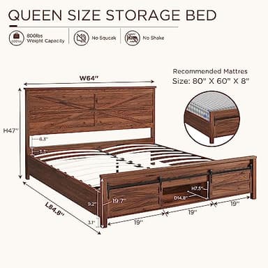 JXQTLINGMU Farmhouse Wood Bed Frame Queen Size with Sliding Barn Door Storage Cabinets and Headboard, Solid Wood Slats Support, Noiseless, No Box Spring Needed, Brown - Image 2