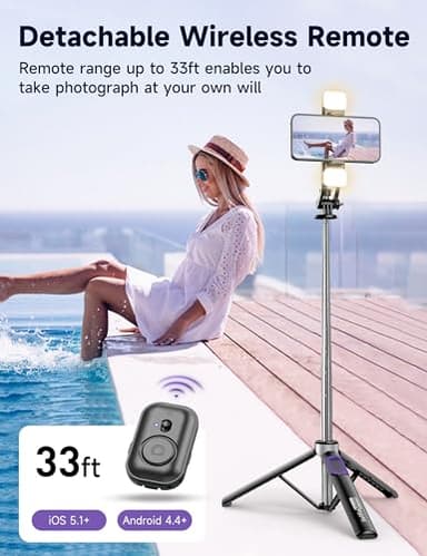53'' Selfie Stick Tripod with Light, Extendable Selfie Stick with Remote, Portable Cell Phone Tripod Stand with All in 1 Phone Clip, Lightweight Camera Tripod Compatible with iPhone 15 14 13, Android - Image 4