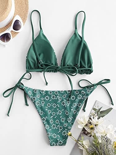 ZAFUL Women's Triangle Bikini Floral String Bikini Set Two Piece Swimsuit Bathing Suits (2-Greenish Blue, M) - Image 5