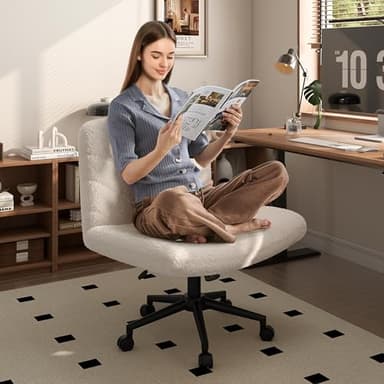 Yaheetech Wide Criss Cross Legged Office Desk Chair with No Wheels, Vanity Comfy Swivel Computer Chairs for Home Office Reading Makeup, Ivory - Image 3