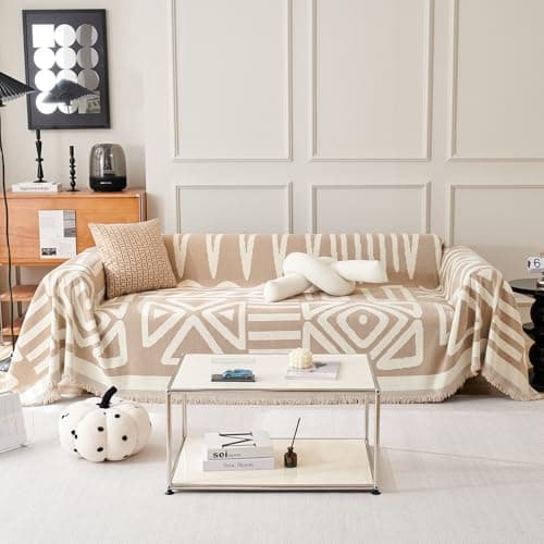VClife Boho Couch Cover for 3 Cushion Couch Chenille Sofa Cover Sectional Sofa Cover for Dog, Modern Khaki Sofa Slipcover Washable Couch Covers for L-Shape Sofa Reversible Sofa Protector 71''x134'' - Image 1